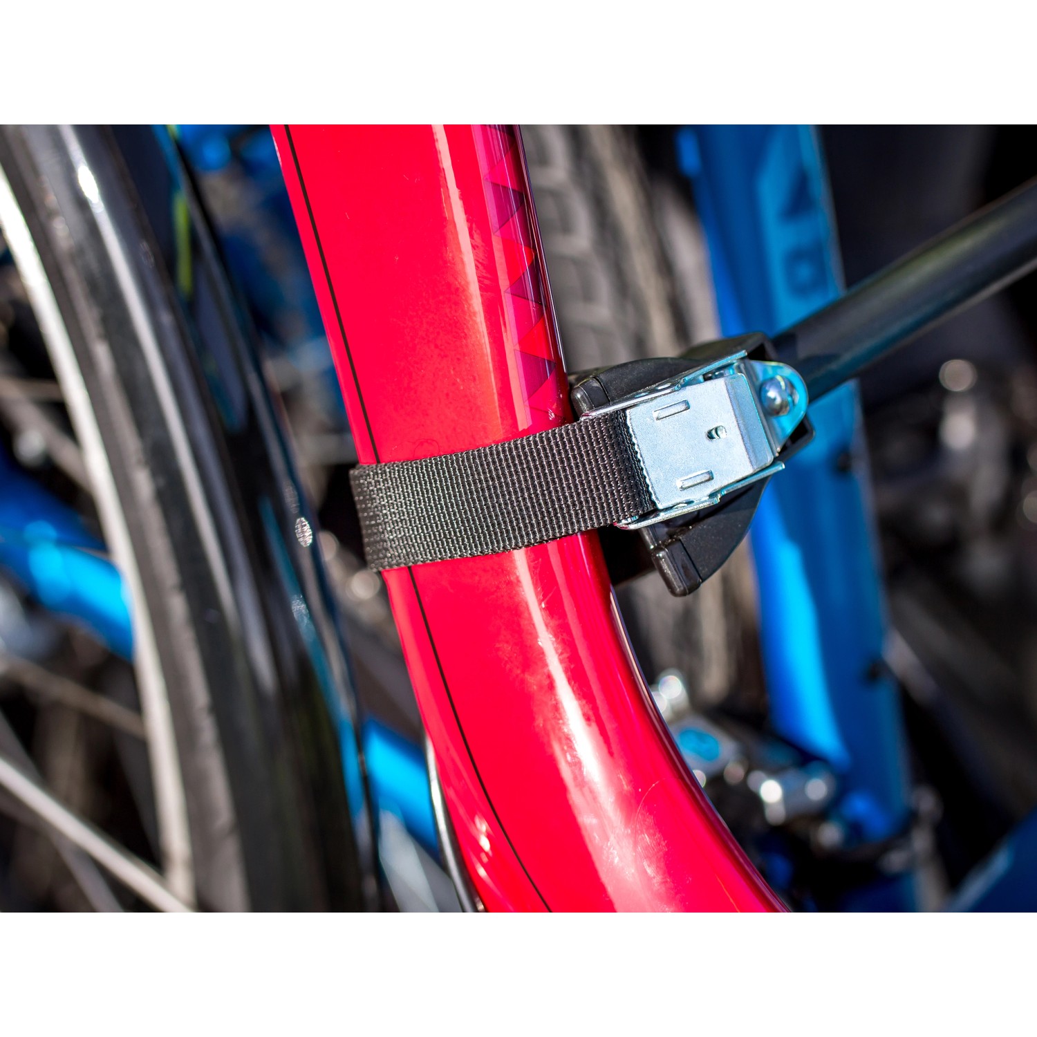 Detailaufnahme: Fahrradrahmen fixiert mit Textilspanngurt am Eufab Fahrradträger Crow Plus.