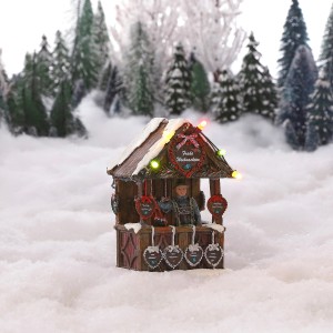 Beleuchteter Weihnachtsmarktstand (L8xB7xH11 cm) mit "Frohe Weihnachten" Schriftzug als festliche Weihnachtsdekoration.