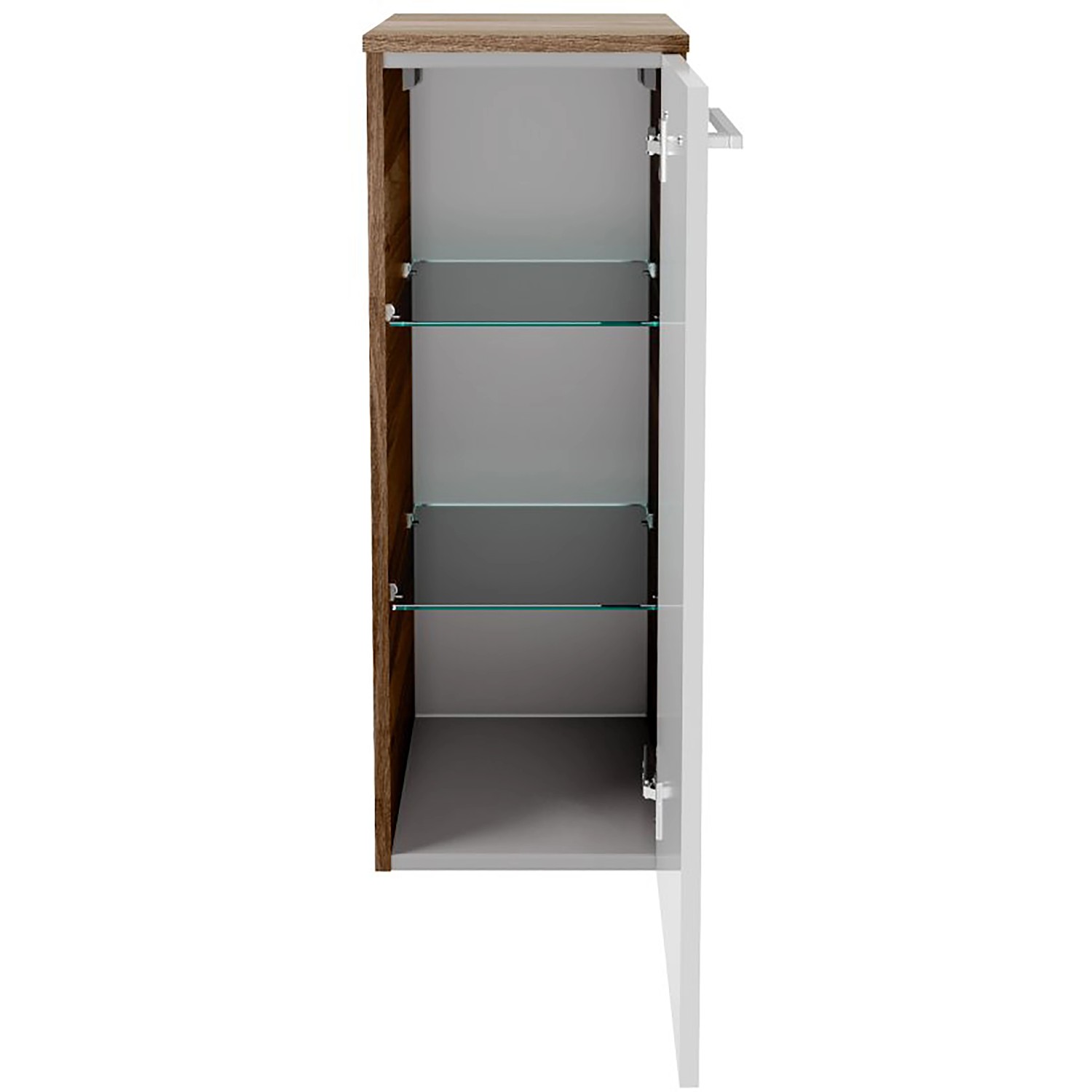 Fackelmann Verona Bad-Hängeschrank, 30 cm, Nussbaum/Weiß Hochglanz, mit zwei Glasböden und geöffneter Tür.