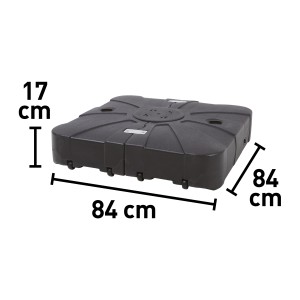 Quadratischer, anthrazitfarbener Schirmständer Gibb 100 kg mit Rollen und Maßangaben.