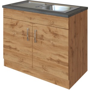 Held Möbel Spülenschrank Sorrento, 100 cm breit, Wotaneiche Dekor mit 2 Türen und Spüle.