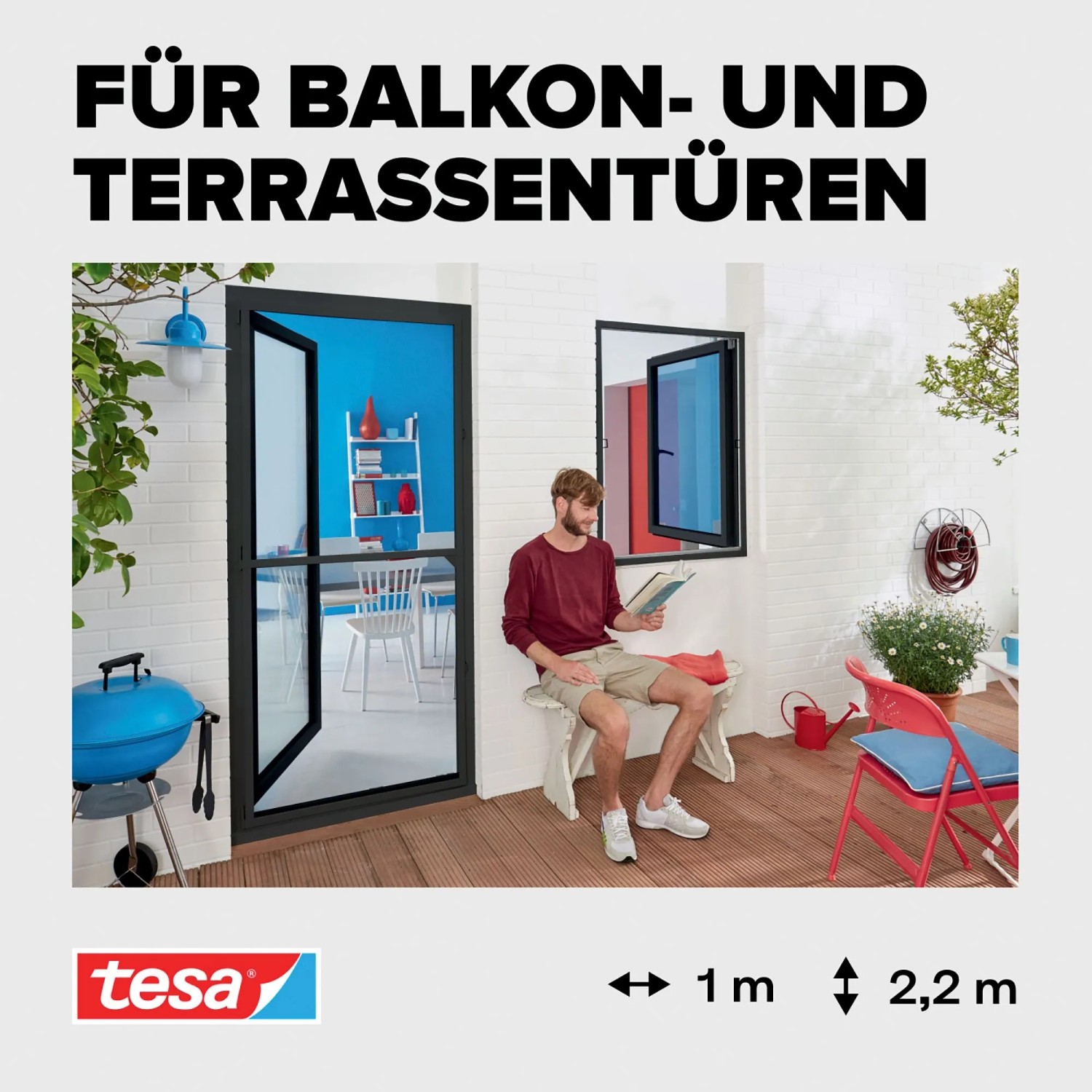 tesa® Insektenschutz-Tür mit Alurahmen in Anthrazit, ideal für Balkon- und Terrassentüren.