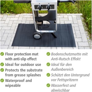 Wenko Spritzschutzmatte Suma, 120x60 cm, schwarz, unter einem Grill. Schützt Boden vor Fettspritzern.