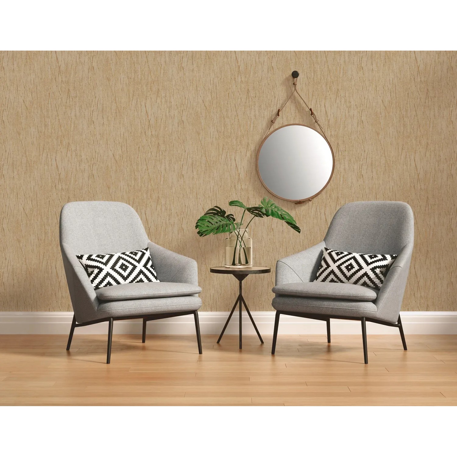 Braune Vliestapete mit Struktur und Metallic-Glanz im Wohnraum-Ambiente.