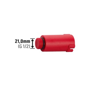 Roter Abpress-Zapfen (G 1/2) aus Kunststoff zum Verschließen von Wasserleitungen.