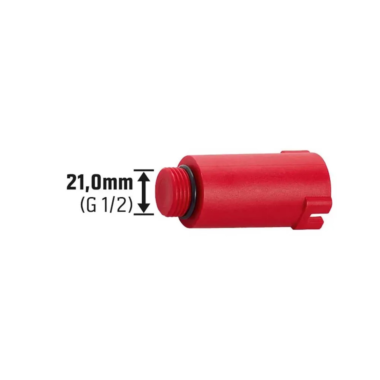 Roter Abpress-Zapfen (G 1/2) aus Kunststoff zum Verschließen von Wasserleitungen.