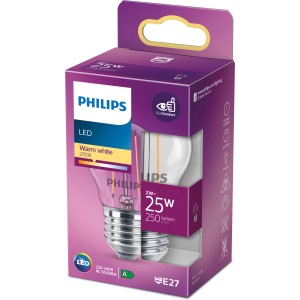 Philips LED-Lampe E27 Tropfenform, 2W, 250lm. Warmweißes Licht in Produktverpackung.