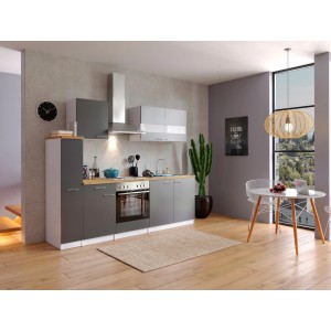 Moderne Respekta Küchenzeile KB240WG in Grau-Weiß mit Elektrogeräten und Arbeitsplatte in Nussbaumoptik.