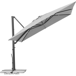 Silbergrauer Schneider Ampelschirm (358x300 cm) mit Dreh- und Neigungsfunktion.