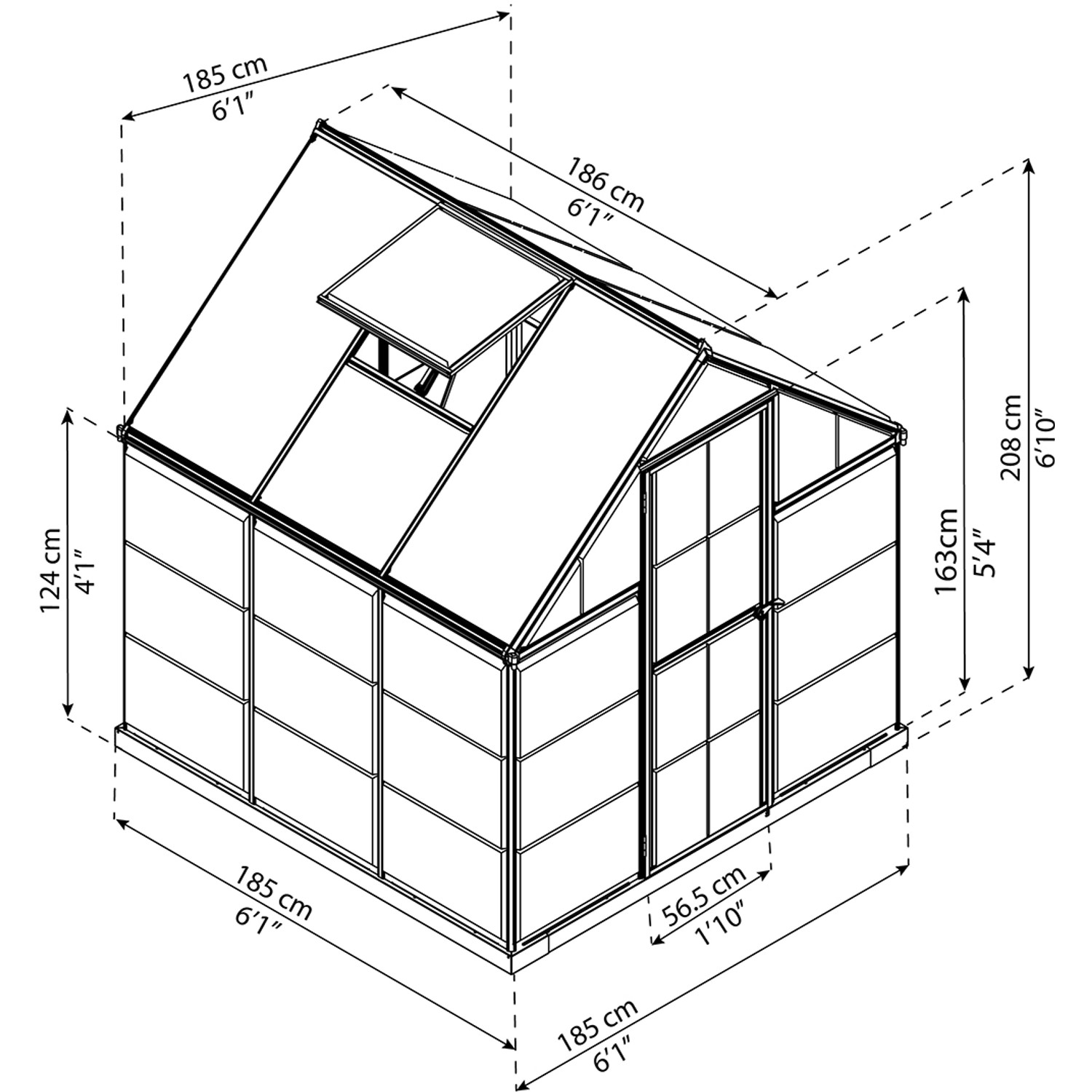 Technische Zeichnung: Palram Canopia Hybrid Gewächshaus 1.9x1.9 m, silberner Rahmen, klare Wände, Maße.