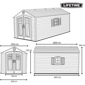 Skizze: Lifetime Gerätehaus Giant, 244x609 cm, grau-anthrazit, mit Maßangaben.
