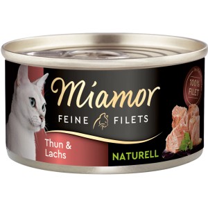 Miamor Katzen-Nassfutter mit Thunfisch und Lachs, 80g Dose. Feine Filets in natürlichem Saft.