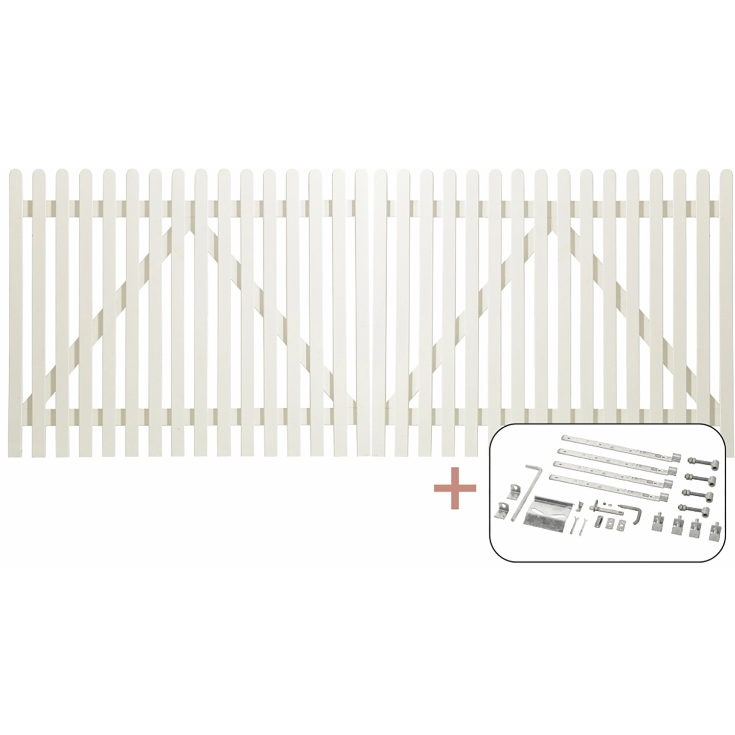 Weißes Doppeltor aus Nadelholz (300x120cm) mit Beschlägen für Gartenzäune.