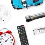 Geräte mit Batterien: Rauchmelder, Spielzeugauto, Taschenlampe, Wecker, Fernbedienung, Haarschneider.