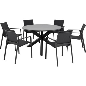 7-teiliges Gartenmöbel-Set Abington in Anthrazit-Grau mit rundem Tisch und 6 Stühlen mit Textilenbespannung.