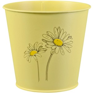 Gelber Zink Eimer Kräutertopf mit Blumenprint, ideal für Kräuter und Blumen.