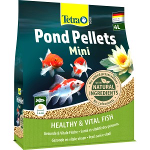 Tetra Pond Pellets Mini 4L: Hauptfutter für kleine Teichfische mit Goldfischen und Seerose auf der Packung.