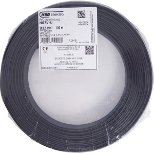 Schwarze Aderleitung H07V-U 1,5 mm² auf einer 100-Meter-Rolle, geeignet für Elektroinstallationen.
