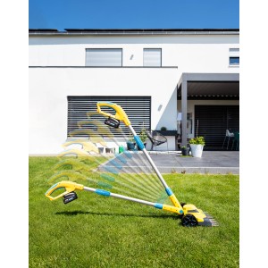 Gloria Finecut Rasen- und Kantenschneider 18 V in Aktion auf Rasenfläche vor Haus.