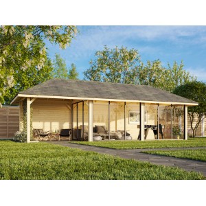 Palmako Pavillon Bianca Set 218, 876x300 cm, weiß lackiert, mit Schiebetüren und Glasfront.