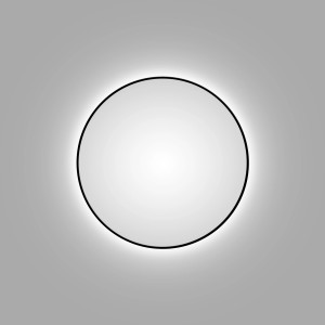 Runder DSK Design LED-Lichtspiegel Silver Globo, Ø 100 cm, mit schwarzem Rahmen und Hintergrundbeleuchtung.