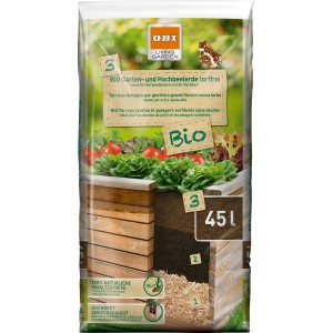 Sack OBI Bio Garten- und Hochbeeterde, torffrei, 45 Liter. Ideal für Hochbeete und Gärten.