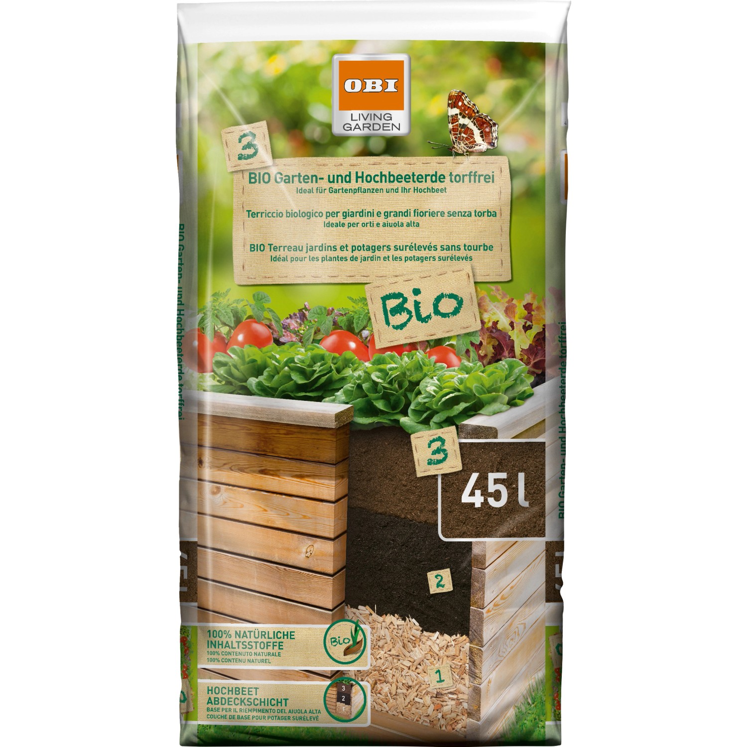 Sack OBI Bio Garten- und Hochbeeterde, torffrei, 45 Liter. Ideal für Hochbeete und Gärten.