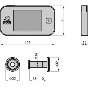 Technische Zeichnung des Basi Digitaler Türspion TS 710 mit Maßen für Display, Kamera und Türstärke 38-110 mm.