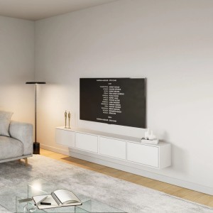 Modernes weißes Selsey TV-Hängeboard Framme 200 cm, wandhängend, mit grifflosen Push-to-Open-Türen im Wohnzimmer.