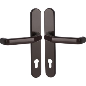 Braune Schmalrahmengarnitur Berlin-LS für Haustüren, Türbeschlag mit Drücker und Schlüsselrosette.