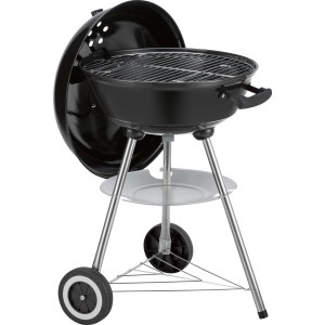 Schwarzer Holzkohle-Kugelgrill mit Deckel, Ablage und Rädern, 85x55x52cm.