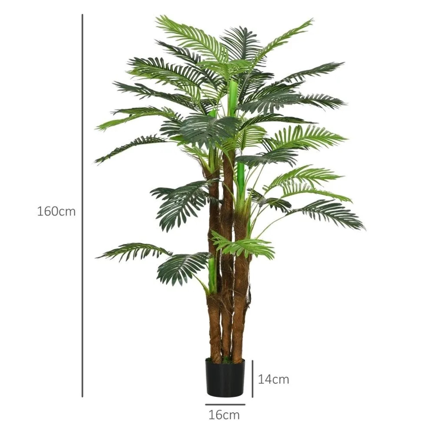 Realistische Kunstpalme 160cm hoch mit 36 grünen Zweigen im schwarzen Topf. Ideal als Hausbaum.