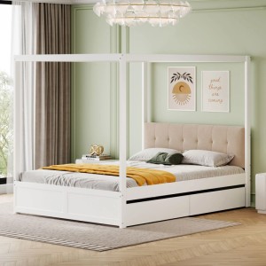 Weißes Himmelbett 140x200cm aus Holz mit gepolstertem Kopfteil und zwei praktischen Schubladen.