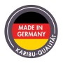 Rundes Logo: Schwarz-rot-goldene Flagge mit "MADE IN GERMANY" und "KARIBU-QUALITÄT" Schriftzug.