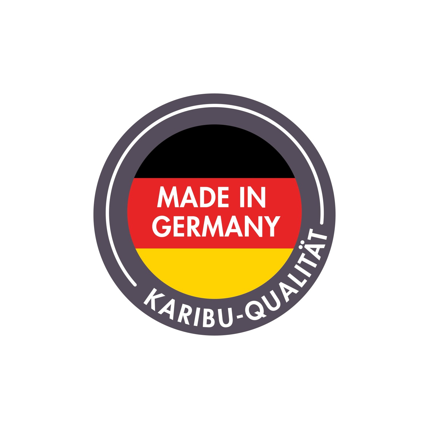 Rundes Logo: Schwarz-rot-goldene Flagge mit "MADE IN GERMANY" und "KARIBU-QUALITÄT" Schriftzug.
