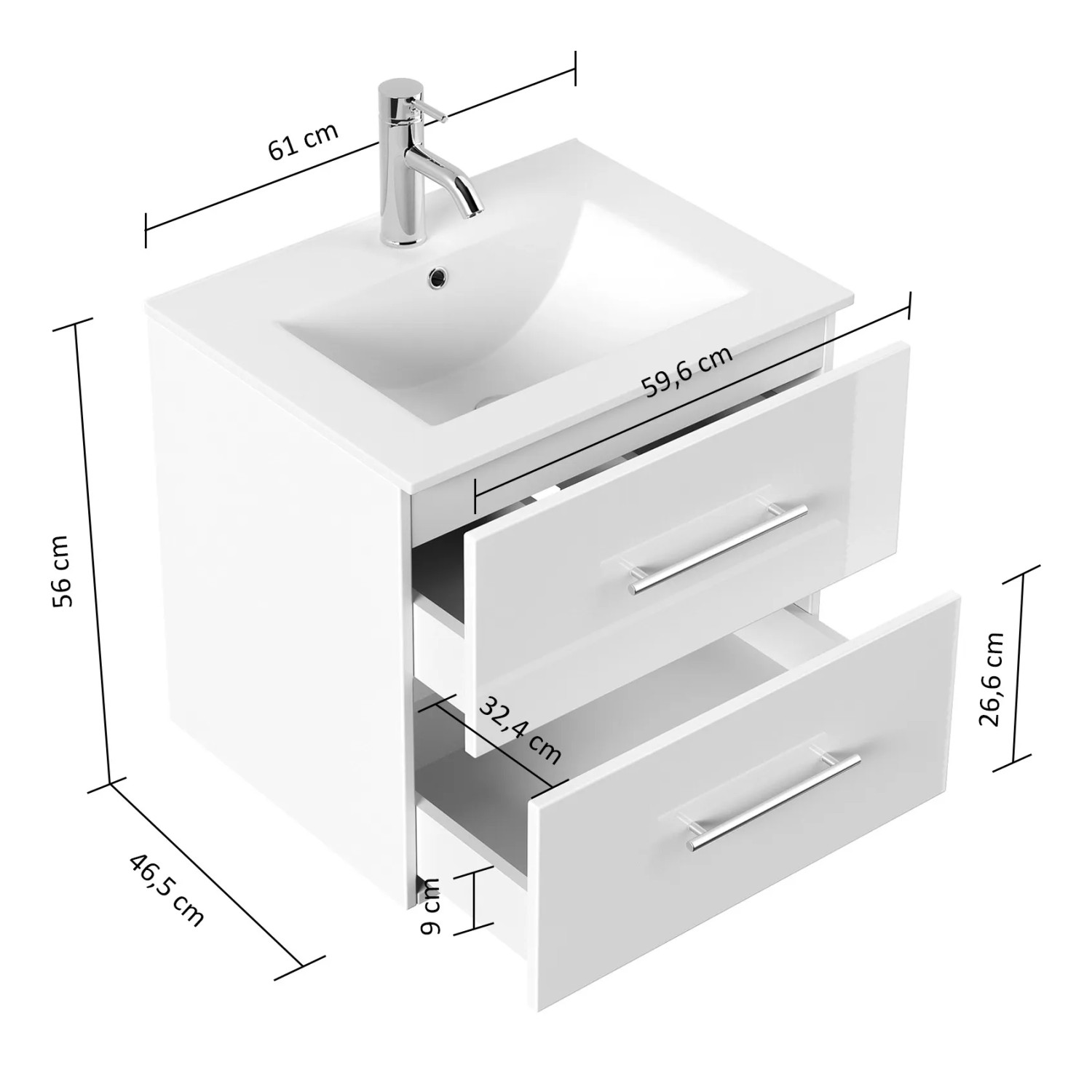 Posseik Badmöbel Homeline 60, weiß hochglanz, mit Waschbecken und zwei Schubladen mit Soft-Close.