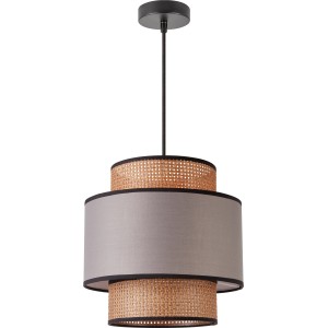 Pendelleuchte in Schwarz, Braun und Grau mit Rattan-Optik für Wohn- und Essbereich.