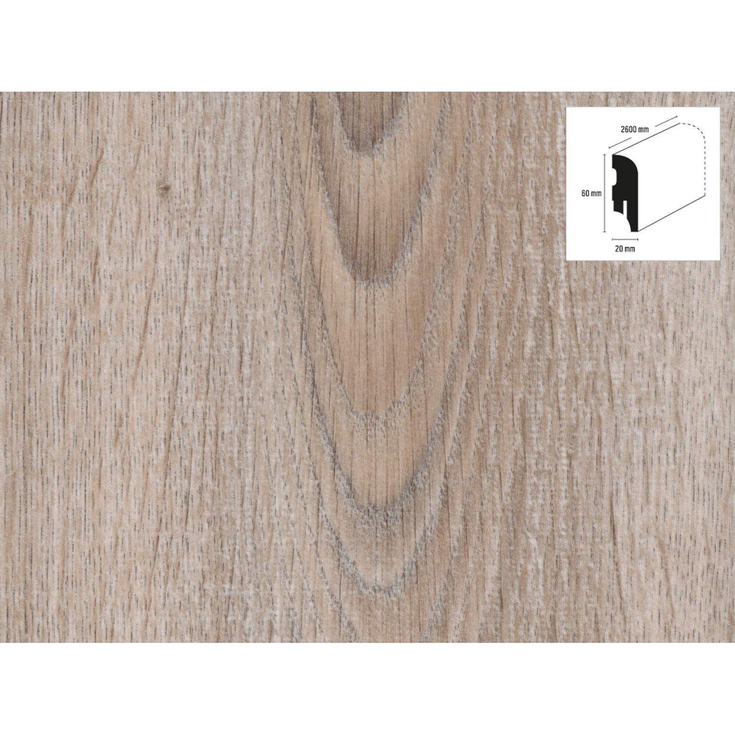 Sockelleiste Eiche Silver, 60x20x2600 mm, Dekor auf HDF-Träger, zur einfachen Befestigung mit Leistenclips.