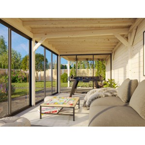 Palmako Pavillon Lenna Set, 876x300 cm, weiß lackiert, mit Schiebetüren und Gartenmöbeln.