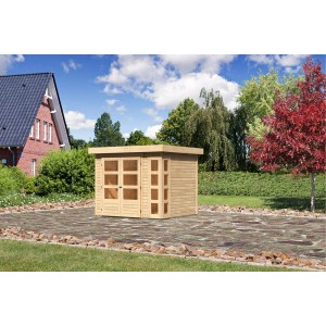 Unbehandeltes Karibu Holz-Gartenhaus Sölve mit Flachdach, 238x213 cm. Naturholzoptik.
