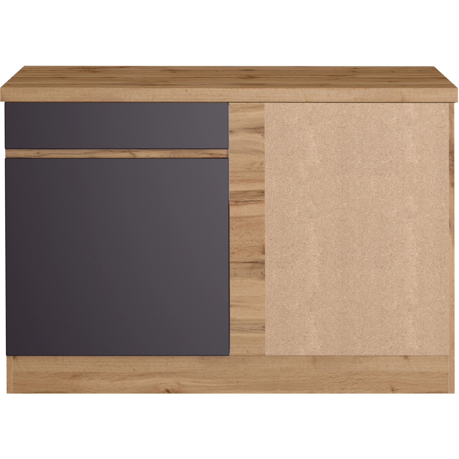 Held Möbel Küchen-Eckschrank Turin, 120 cm, Graphit/Wotaneiche, mit Tür und Ablagefächern.