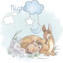 Wandbild: Bambi mit Mama, umgeben von Blumen. 'Good Night' Schriftzug, Stern und Mond im Hintergrund.