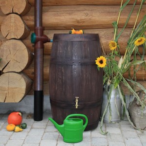 Dunkelbraune Arves Regentonne Barrique 250 l in Holzfass-Optik mit Zubehör wie Gießkanne und Kürbissen.