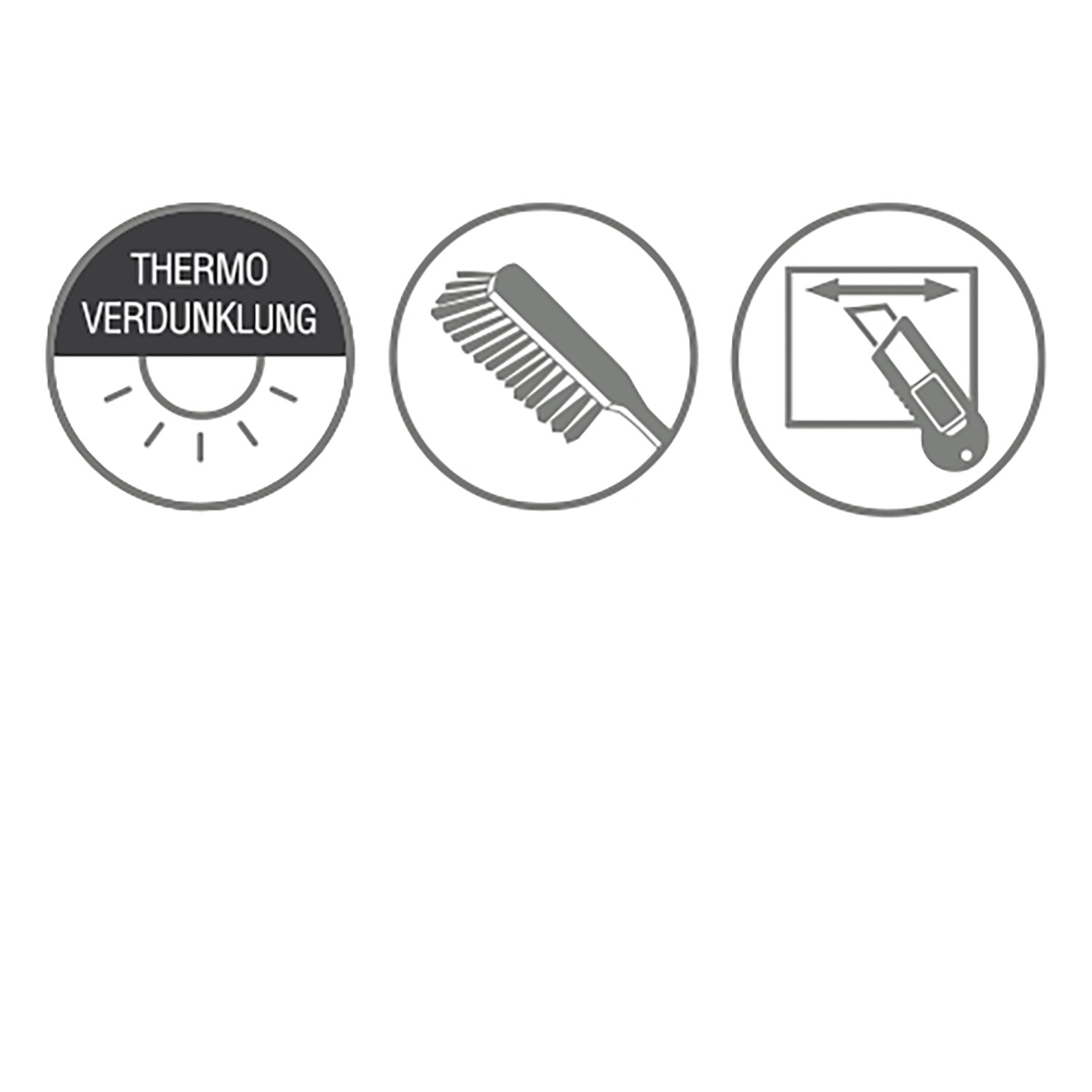 Symbole für Thermo, Verdunklung, Reinigung und Zuschnitt des Gardinia EasyFix Rollos.