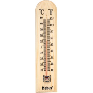 Mebus Zimmerthermometer aus Holz mit analoger Anzeige von -40 bis 50 °C.