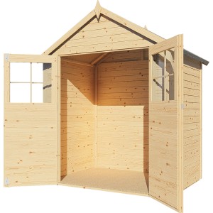 Offenes Holz-Gartenhaus Bertilo Osterbek, naturbelassen, mit Doppeltür und Fußboden.
