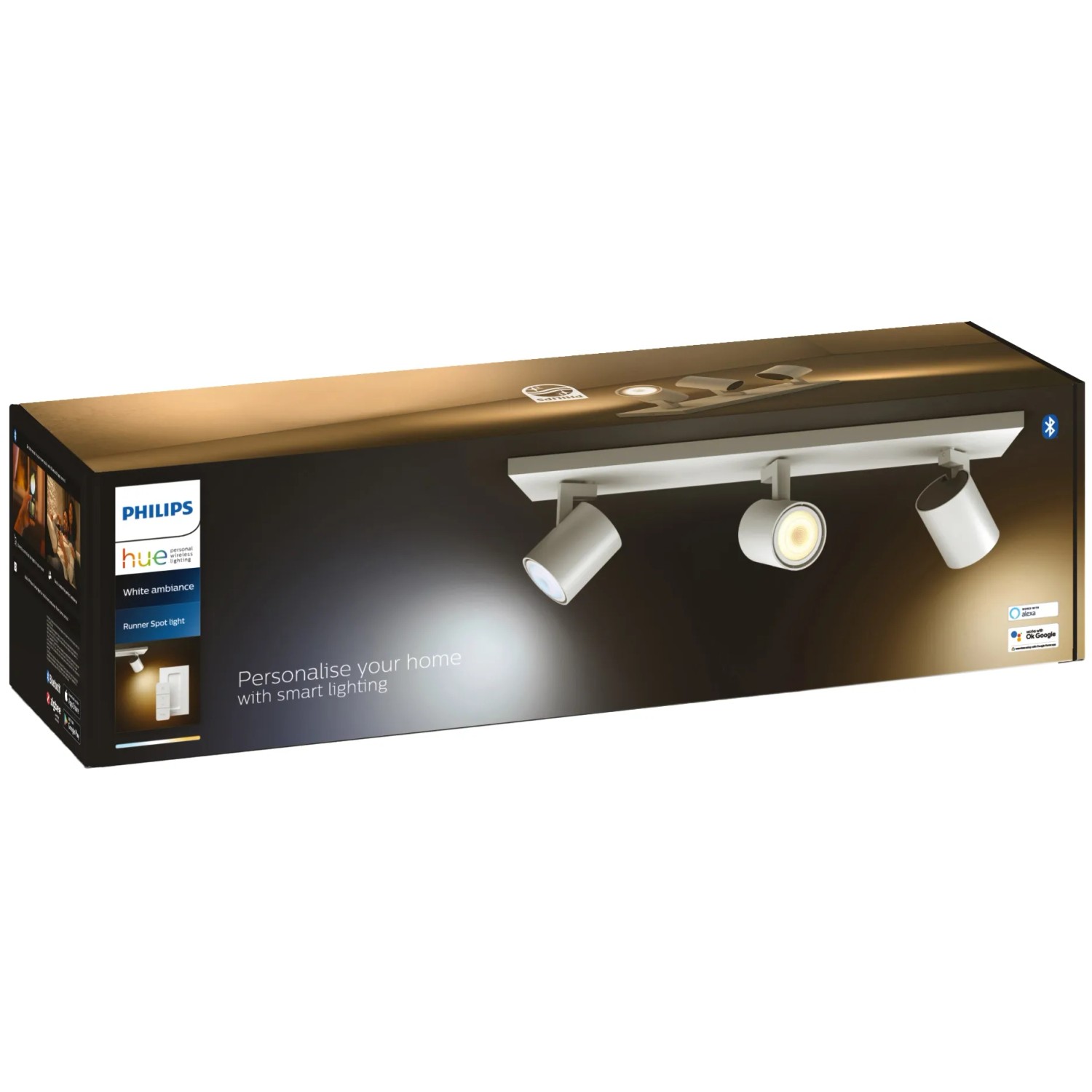 Verpackung der Philips Hue LED Deckenleuchte Runner, 3-flammig, weiß, mit Dimmer.