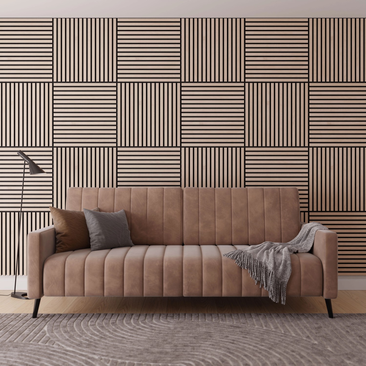 Wohnzimmer mit Akustikpaneel Wandverkleidung Eiche/Schwarz, 60cm, 2 St.