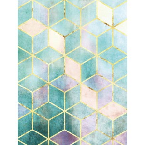 Komar Wandbild Mosaik Verde, 30x40 cm, mit blau-grünen und goldenen geometrischen Formen.