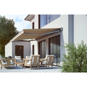 Beige Halbkassettenmarkise SUN LED, 400x300 cm, anthrazitfarbenes Gestell, montiert an einer Hauswand über einer Terrasse.